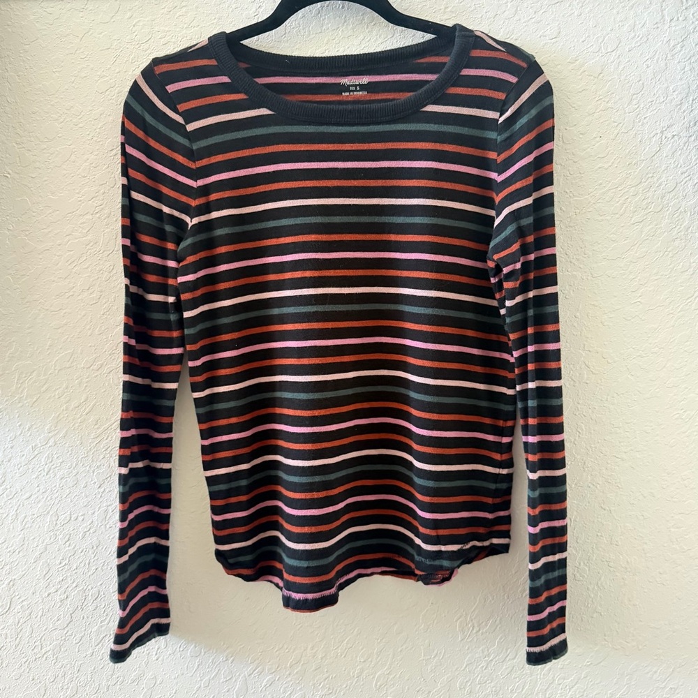Madewell Black and Pink Striped Long Sleeve Tee